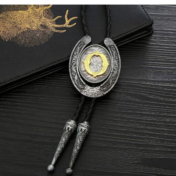 New Western Silver Horseshoe Letter K Initial Leather Bolo Tie.ALL LETTERS AVAIL - Picture 8 of 8